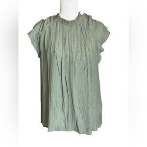 Nanette Lepore Sage Green Pleated Blouse XL – Ruffle Neck Short Sleeve Top